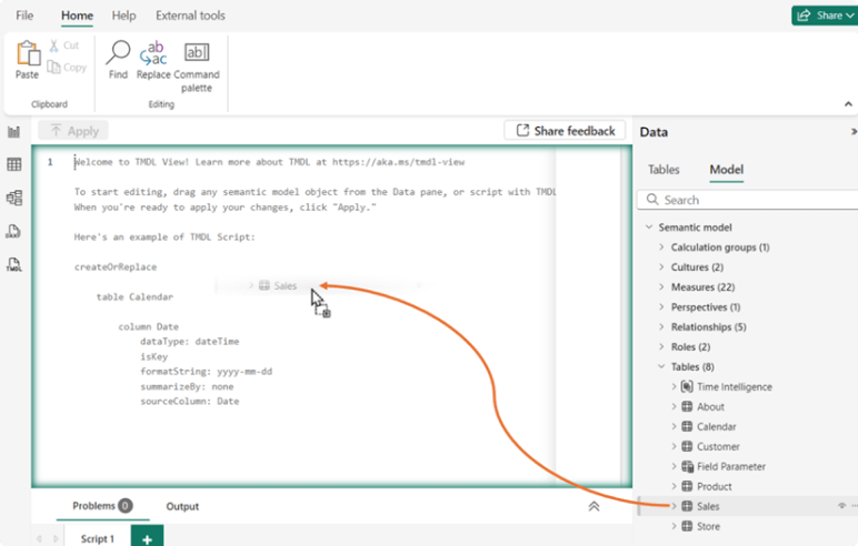 Arrastrar objetos del modelo semántico generado por scripts TMDL